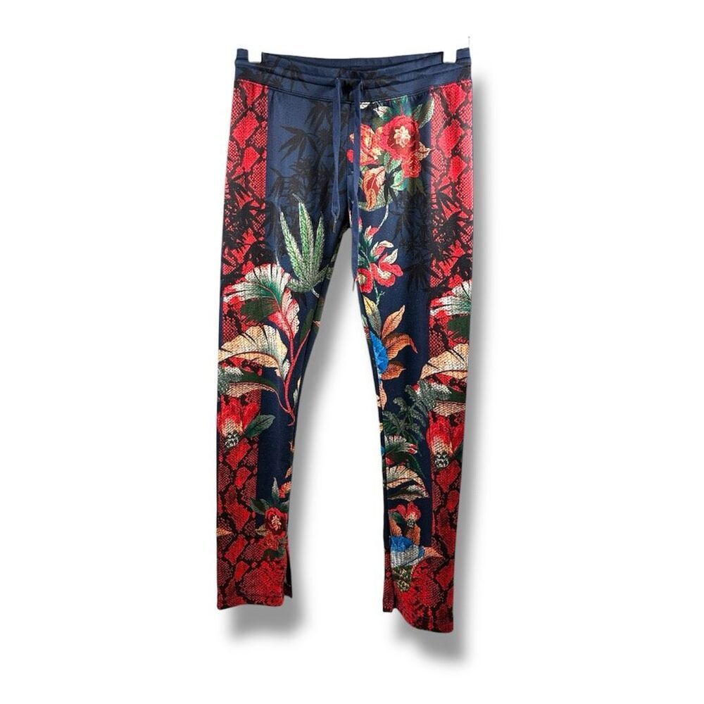 Pam & Gela Bye Birdie Track Pants in Dark Navy with Botanical Print Size S